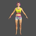 Game Movie Character Featuring Pink Hair Yellow Lace Top Blue Denim Shorts And Scars