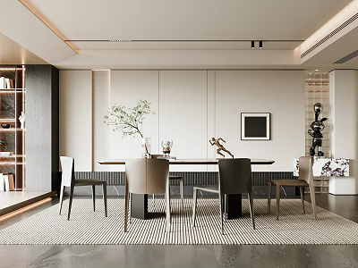 Modern Restaurant Interior Design With Open Dining Table Chairs Decorative Painting And Bookshelf 3d model