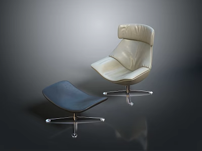 Modern Light Colored Leather Lounge Chair with Dark Ottoman and Metal Star Base Design 3d model