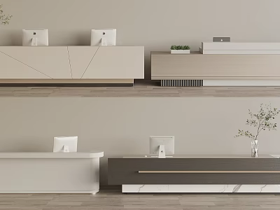 Modern Reception Desk Design With White Grey Finish Computer Monitor And Plant Decor 3d model