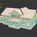 Two Story Light Green Detached Villa With White Sloped Roof Multiple Windows And Front Porch