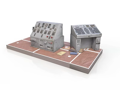 Industrial Control Consoles on Wooden Platform with Buttons Knobs Meters and Papers Tools 3d model