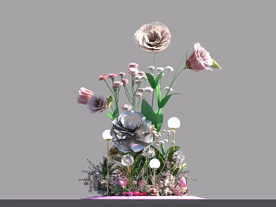 Multi Layered Decorative Floral Arrangement With Pink White Flowers And Green Leaves 3d model