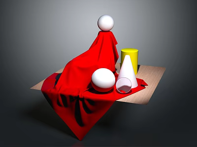 Decorative Ornament Set With Red Cloth Wooden Tray White Balls Yellow Cylinder And Transparent Cone 3d model