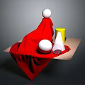 Decorative Ornament Set With Red Cloth Wooden Tray White Balls Yellow Cylinder And Transparent Cone