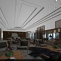 Modern Hotel Public Lounge Interior With Wooden Floors Hanging Lamps Sofas And Green Plants