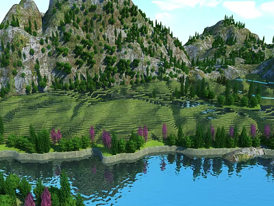 Stunning Natural Landscape With Terraced Fields Mountains Lush Trees Purple Flowers And Lake Reflections 3d model