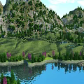 Stunning Natural Landscape With Terraced Fields Mountains Lush Trees Purple Flowers And Lake Reflections