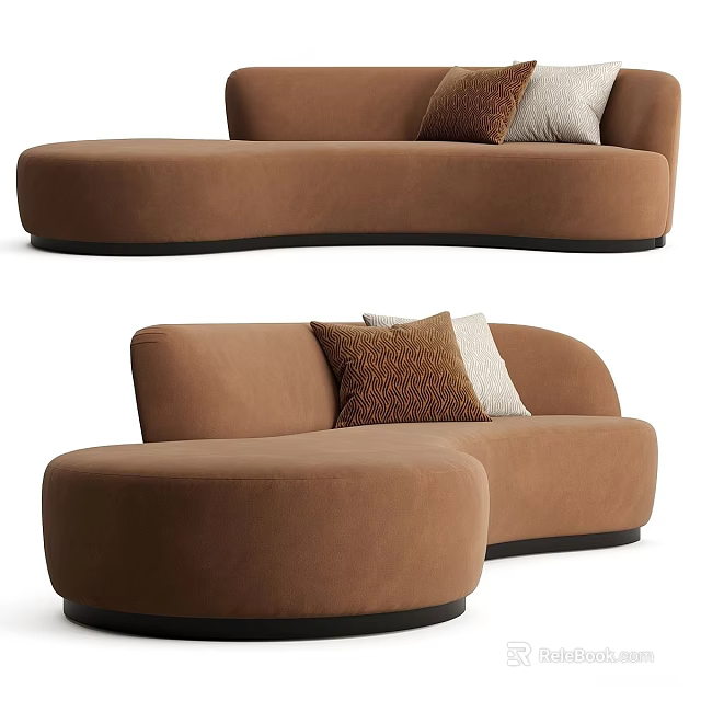 Brown Curved Sectional Sofa With Textured And White Decorative Pillows 3d model 