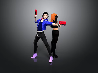 Game and Movie Characters in Action Pose With Blue Jacket Black Outfit and Red Weapons 3d model