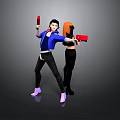 Game and Movie Characters in Action Pose With Blue Jacket Black Outfit and Red Weapons