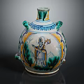 Plant Patterned Colorful Ceramic Vase With Green Leaves Blue Yellow Designs And Two Handles