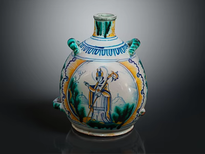 Plant Patterned Colorful Ceramic Vase With Green Leaves Blue Yellow Designs And Two Handles 3d model