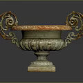Orange and White Garden Ornament with Intricate Carvings Metal Handles and Square Base