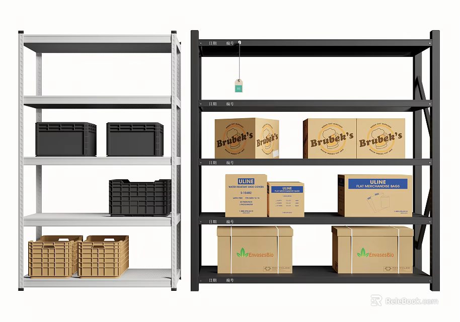 Black and White Storage Shelves Holding Plastic and Cardboard Boxes with Beverage and Coffee Labels 3d model 
