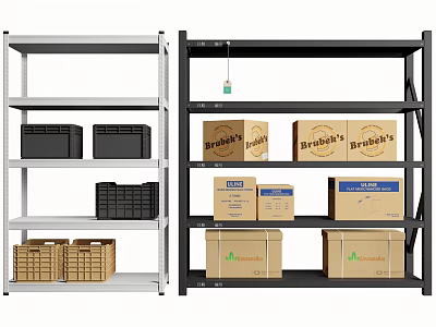 Black and White Storage Shelves Holding Plastic and Cardboard Boxes with Beverage and Coffee Labels 3d model