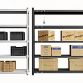 Black and White Storage Shelves Holding Plastic and Cardboard Boxes with Beverage and Coffee Labels