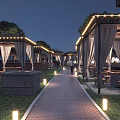 Scenic Garden Landscape Featuring Illuminated Tents Lawn Seating And Night Lighting