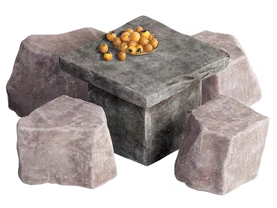 Natural Stone Table And Stools Set With Yellow Berries On Tabletop 3d model