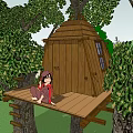 Cozy Treehouse Built In Trees With Wooden Ladder Surrounded By Green Trees Grass And Water