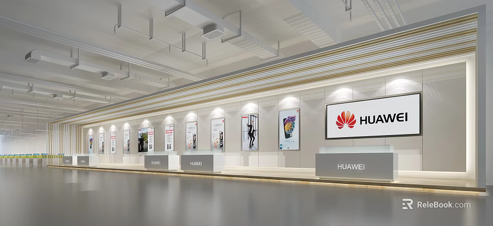 HUAWEI Exhibition Hall With Display Posters Counters And Modern Branding Elements 3d model 