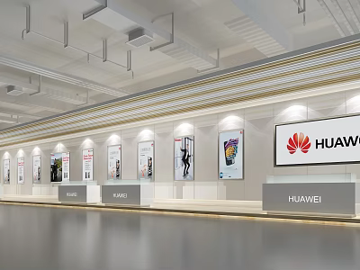 HUAWEI Exhibition Hall With Display Posters Counters And Modern Branding Elements 3d model
