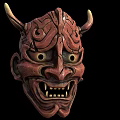 Traditional Red Horned Carved Wooden Mask With Intricate Facial Features