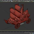 Wooden Ship With Red Sails And Gold Wheels On White Background