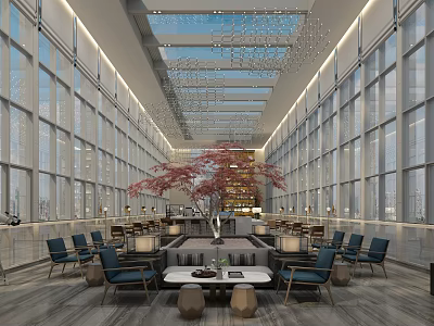 Spacious Modern Hotel Lobby With Large Windows Crystal Chandelier Red Maple Tree And Sofas Tables 3d model