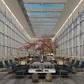 Spacious Modern Hotel Lobby With Large Windows Crystal Chandelier Red Maple Tree And Sofas Tables