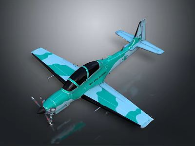 Turquoise and Light Blue Camouflage Airplane with Propeller and Two Seat Cockpit Design 3d model
