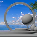 White Display Shelves With Circular Arch Palm Trees And Sea View Platform Displaying Spheres