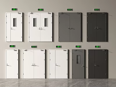 Multiple White And Dark Gray Safety Doors With Green Indicator Lights 3d model