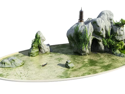 Serene Miniature Garden Ornament With Rocky Landscape Pagoda Water Feature And Climbing Plants 3d model