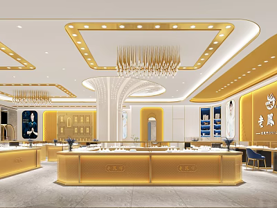 Luxurious Jewelry Store Interior With Golden Counters Chandeliers And Display Cases 3d model