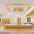 Luxurious Jewelry Store Interior With Golden Counters Chandeliers And Display Cases