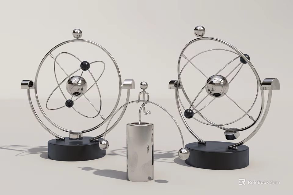 Modern Metallic Decorative Ornament Set With Spherical Design Circular Rings Cylindrical Accent And Black Bases 3d model 