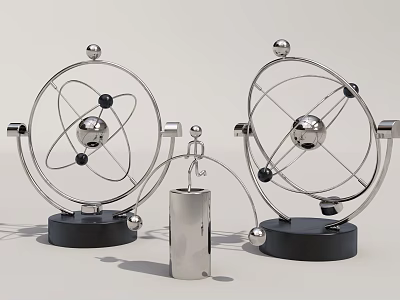 Modern Metallic Decorative Ornament Set With Spherical Design Circular Rings Cylindrical Accent And Black Bases 3d model