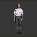 Man Standing Against Gray Background Wearing Light Blue Shirt Dark Pants Red Shoes And Glasses 3d model