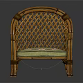 Rattan Leisure Chair With Wooden Frame And Green Cushion Featuring Colorful Pattern