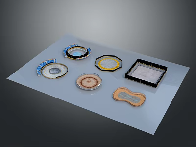 Various Decorative Plates With Assorted Shapes And Colorful Designs On Transparent Surface 3d model