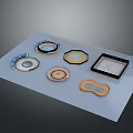 Various Decorative Plates With Assorted Shapes And Colorful Designs On Transparent Surface