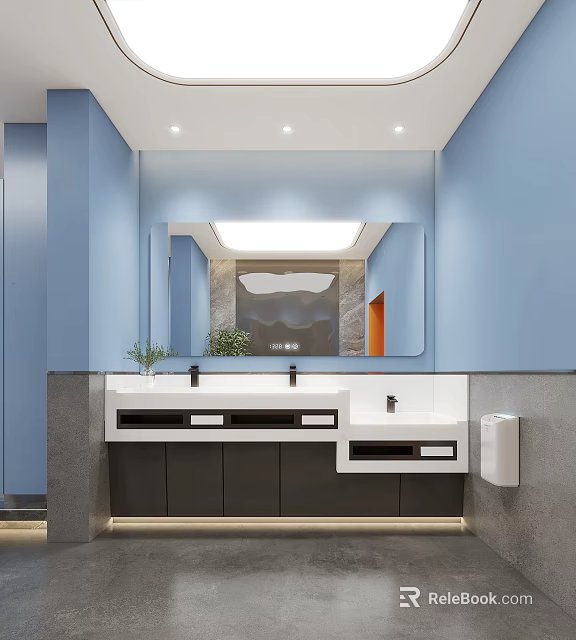 Modern Public Restroom With Blue Walls Large Mirror Double Sinks And Gray Countertop Plants 3d model 