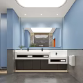 Modern Public Restroom With Blue Walls Large Mirror Double Sinks And Gray Countertop Plants