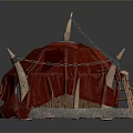 Modern Red Canopy Structure Featuring Spikes Chains And Circular Wooden Frame
