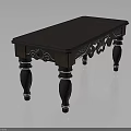 Dark Wooden Table Featuring Intricate Carved Details and White Ring Accents on Legs
