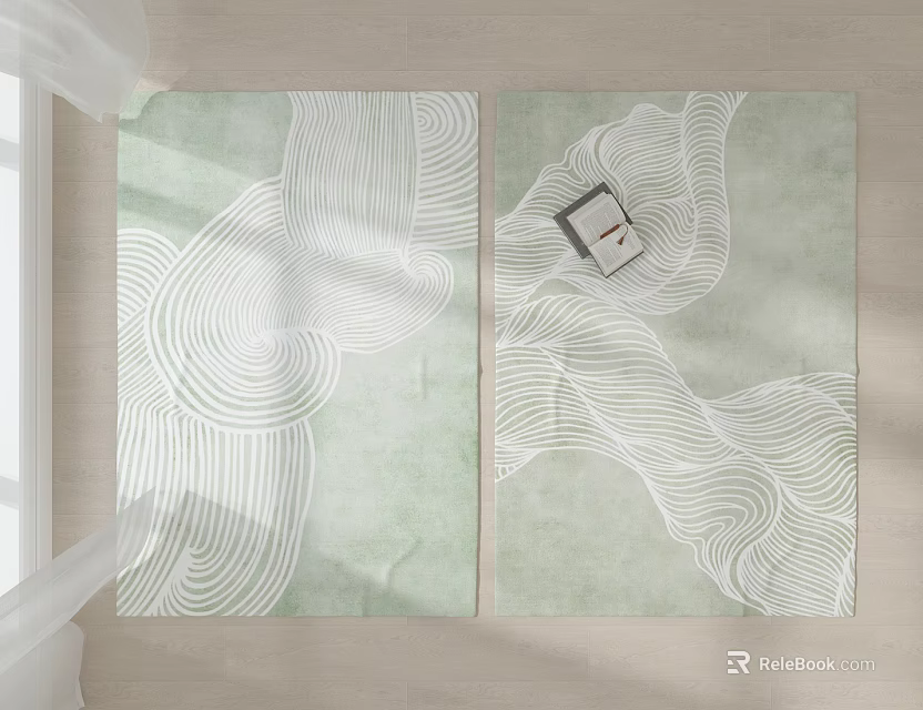Two Light Green Square Rugs With White Wavy Lines On Room Floor 3d model
