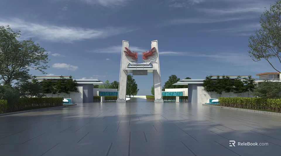 Modern Memorial Archway Design In Spacious Square With Blue Sky And Greenery 3d model 