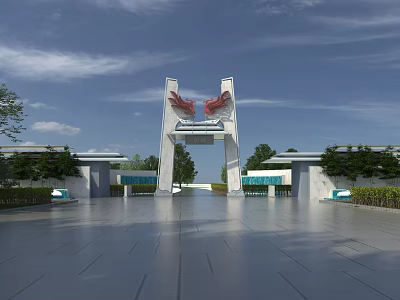 Modern Memorial Archway Design In Spacious Square With Blue Sky And Greenery 3d model