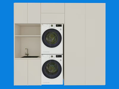 Modern Washbasin in Laundry Area with Stacked Washer Dryer and Cabinet Storage 3d model